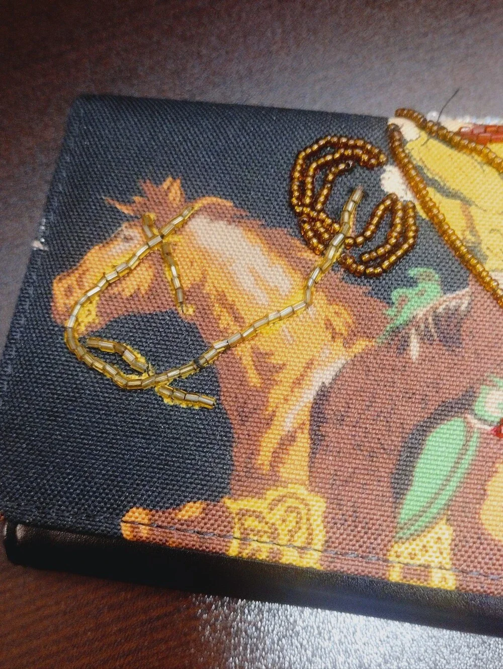 Embroidered Beaded Western Horse Wallet- Black with Brown & Gold Accents
